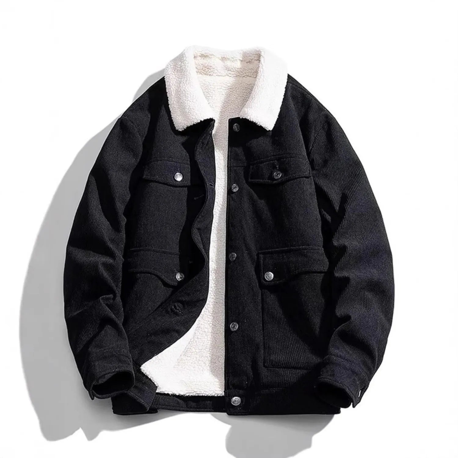 Men's Corduroy Sherpa Jacket from Baltere, featuring a thick, warm fleece lining in black.