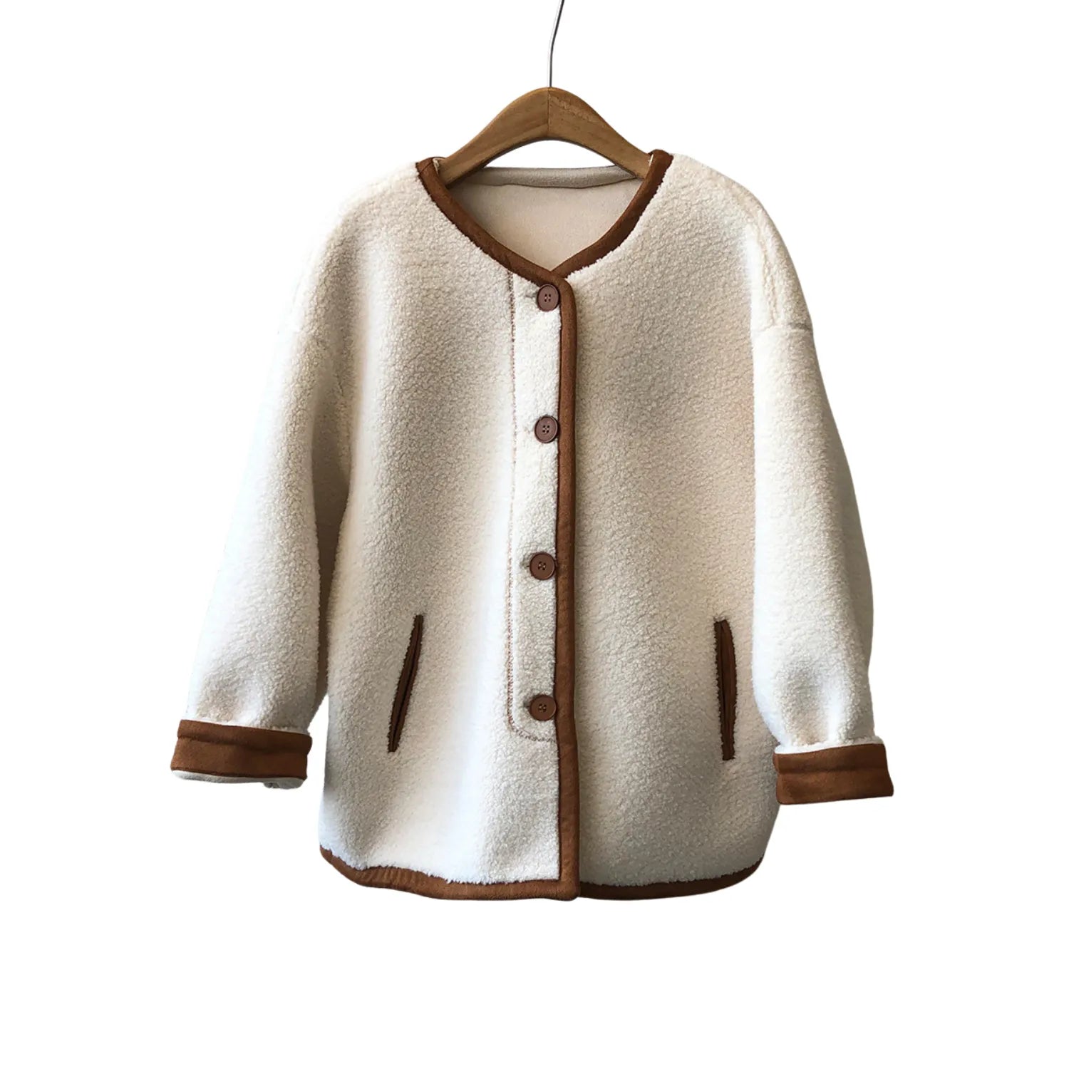 Baltere Women's East Asian Inspired Sherpa Coat, featuring a cozy faux fur texture, round buttons, and contrasting trim in off white.