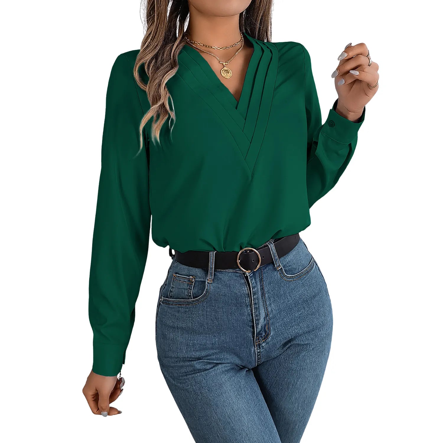 Model wearing Baltere's Elegant V-Neck Blouse, featuring a stylish pleated neckline and long sleeves, showcasing a professional look in gren.