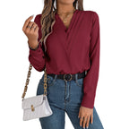 Elegant V-Neck Blouse, featuring a stylish pleated neckline and long sleeves, showcasing a professional look.