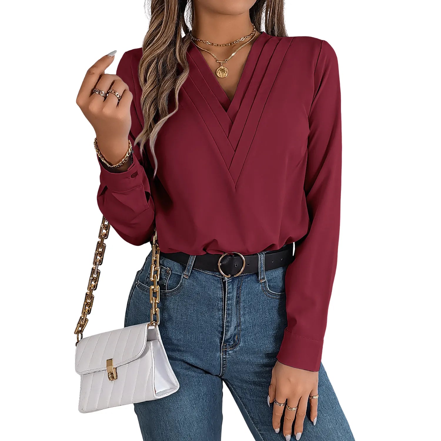 Elegant V-Neck Blouse, featuring a stylish pleated neckline and long sleeves, showcasing a professional look.