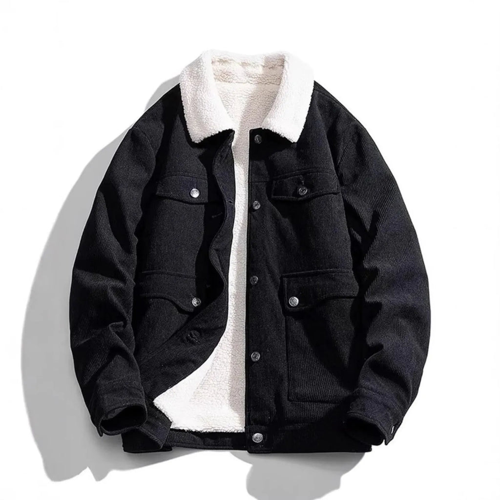 Men's Corduroy Sherpa Jacket from Baltere, featuring a thick, warm fleece lining in black.