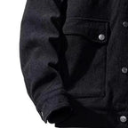 Close-up of the corduroy jacket's ribbed texture.