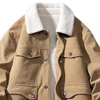 Close-up of the corduroy jacket, highlighting the sherpa collar, button-up front, and chest pockets.