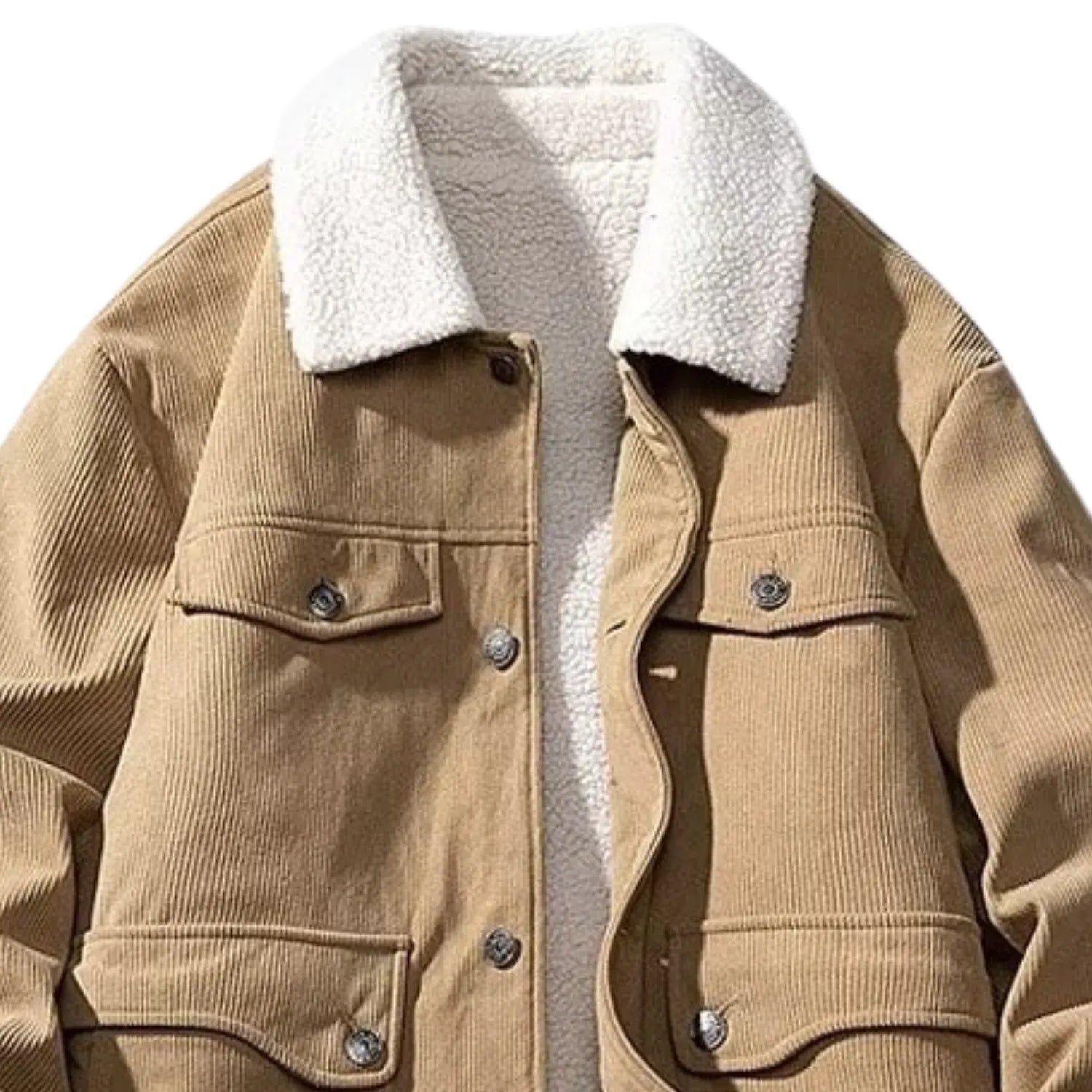 Close-up of the corduroy jacket, highlighting the sherpa collar, button-up front, and chest pockets.