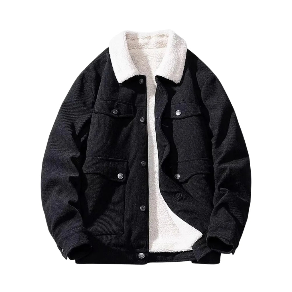 Men's Corduroy Sherpa Jacket black from Baltere, featuring a thick, warm fleece lining and chest flap pockets.
