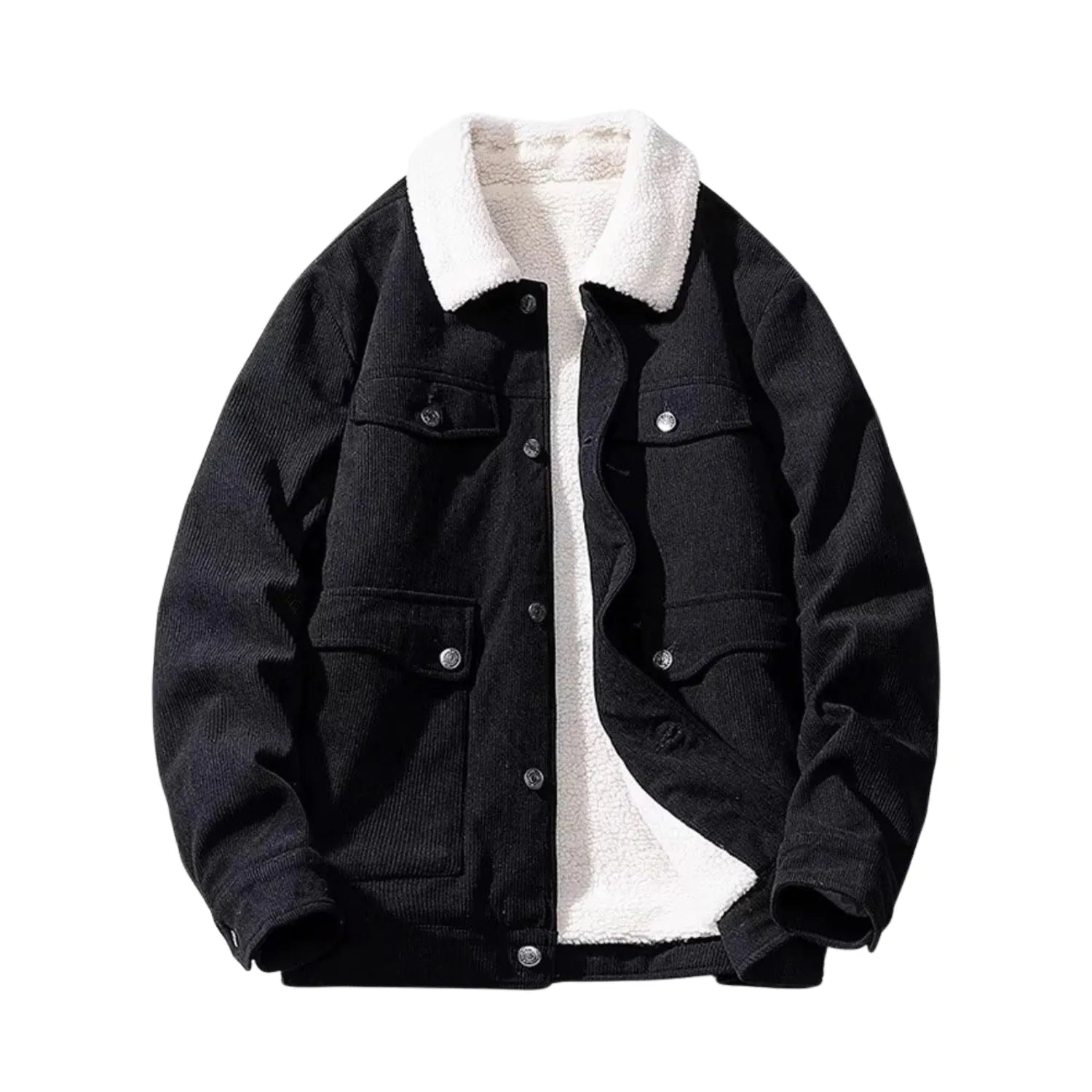 Men's Corduroy Sherpa Jacket black from Baltere, featuring a thick, warm fleece lining and chest flap pockets.