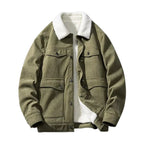 Men's Corduroy Sherpa Jacket from Baltere, featuring a thick, warm fleece lining and chest flap pockets in green.