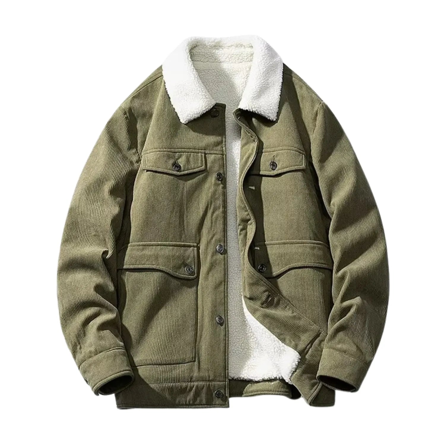Men's Corduroy Sherpa Jacket from Baltere, featuring a thick, warm fleece lining and chest flap pockets in green.