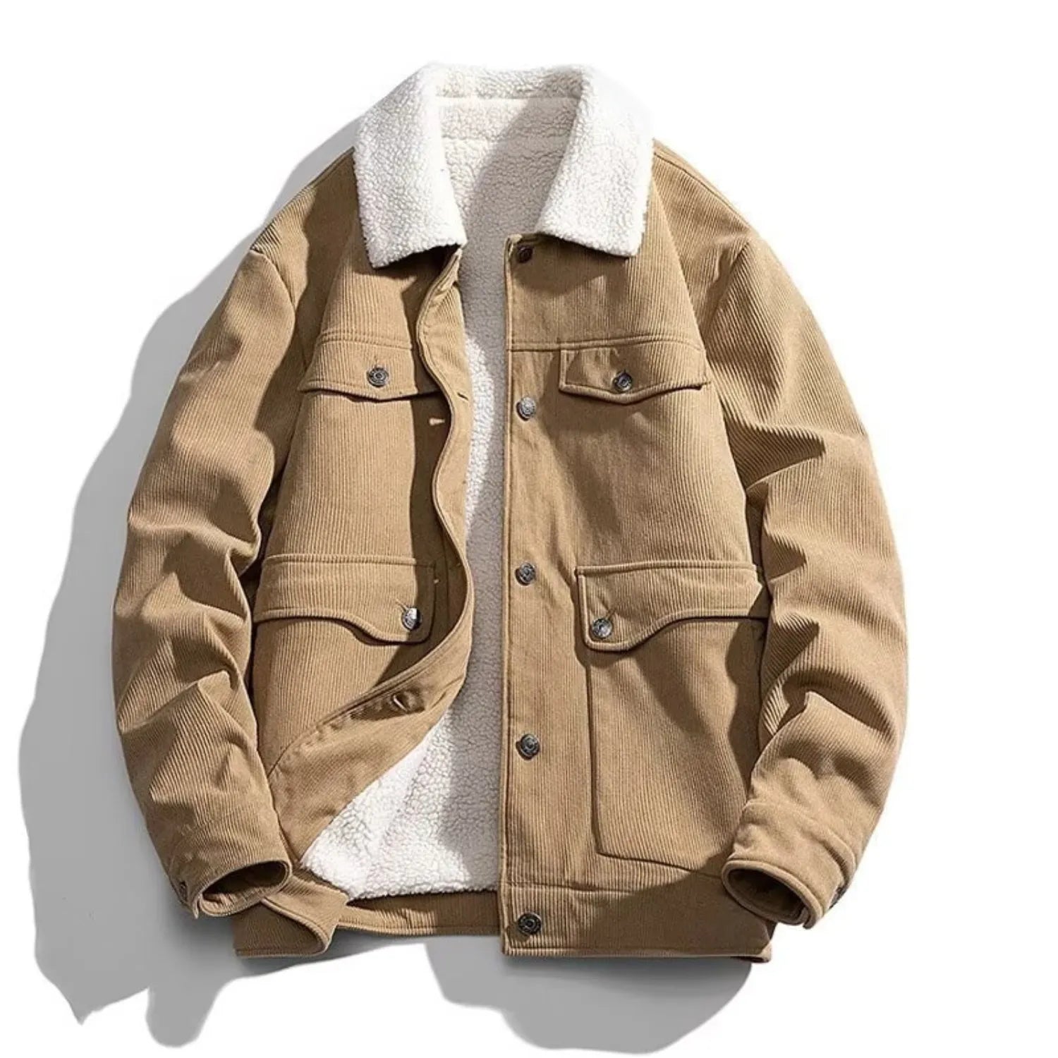 Men's Corduroy Sherpa Jacket from Baltere, featuring a thick, warm fleece lining and chest flap pockets in khaki.