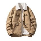 Close-up of the corduroy jacket, highlighting the sherpa collar, button-up front, and chest pockets in khaki.