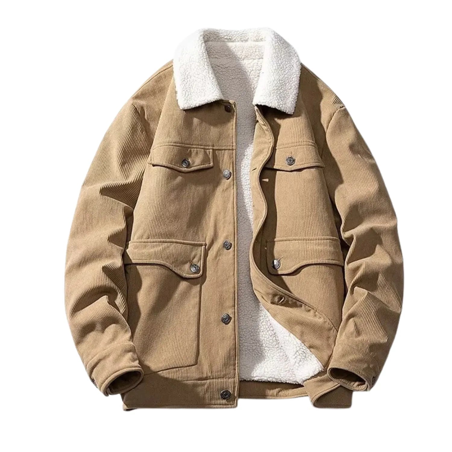 Close-up of the corduroy jacket, highlighting the sherpa collar, button-up front, and chest pockets in khaki.