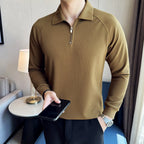 Model wearing Baltere's Men's Half-Zip Polo Shirt khaki, showcasing its high-elastic seersucker texture and polo collar.
