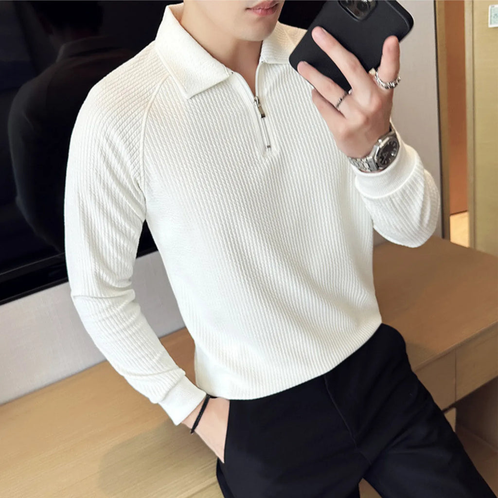 Model wearing Baltere's Men's Half-Zip Polo Shirt, showcasing its high-elastic seersucker texture.