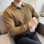 Baltere's Half-Zip Polo Shirt, showcasing its unique textured fabric and a sophisticated fit in khaki.