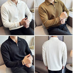 Collage of the Men's Half-Zip Polo Shirt in different colors, highlighting the half-zip, polo collar, and ribbed texture from both front and rear views.