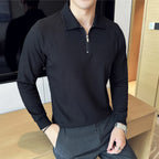 Men's Half-Zip Polo Shirt, showcasing its high-elastic seersucker texture and polo collar.
