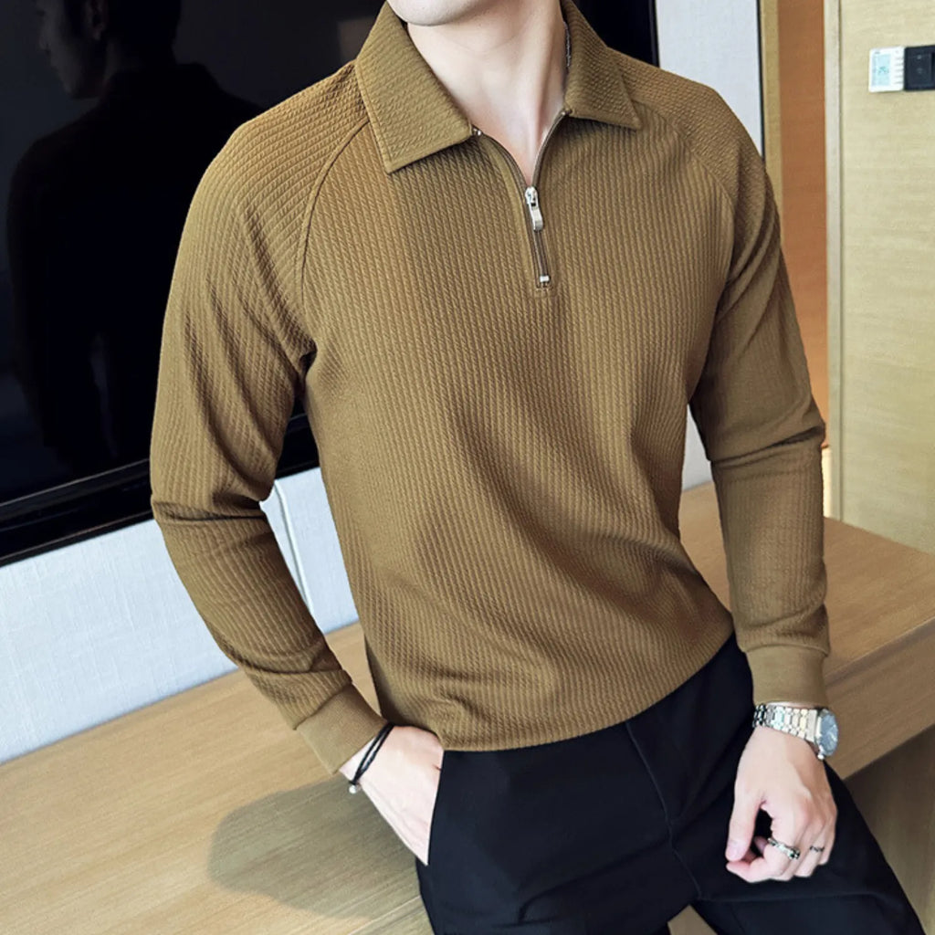 Model wearing Baltere's Half-Zip Polo Shirt khaki, showcasing its unique textured fabric and a sophisticated fit.