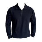 Half-Zip Polo Shirt, showcasing its unique textured fabric and a sophisticated fit in black.
