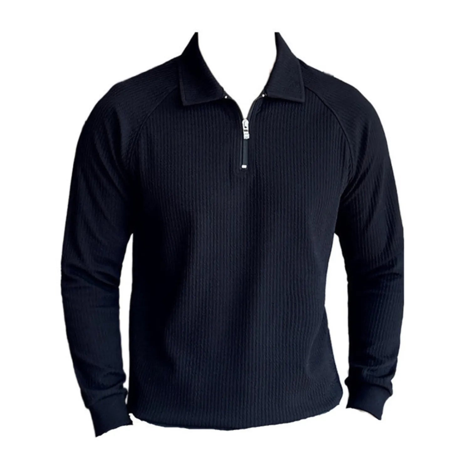 Half-Zip Polo Shirt, showcasing its unique textured fabric and a sophisticated fit in black.