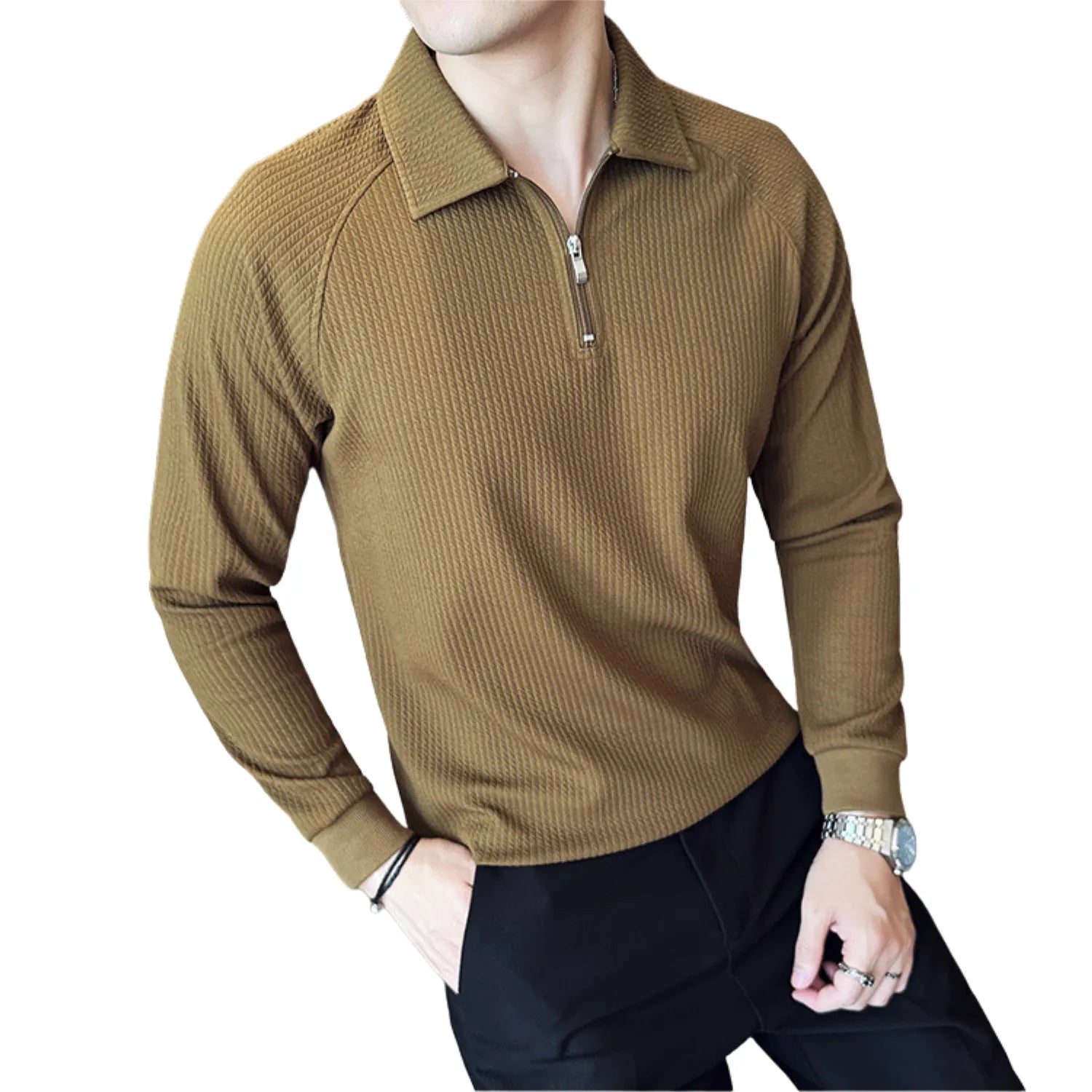 Model wearing Baltere's Men's Half-Zip Polo Shirt, showcasing its high-elastic seersucker texture in khaki.