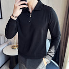 Model wearing Baltere's Men's Half-Zip Polo Shirt, showcasing its high-elastic seersucker texture in black.