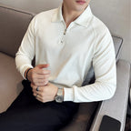 Model wearing Baltere's Half-Zip Polo Shirt, highlighting the textured seersucker fabric and casual yet sophisticated style.