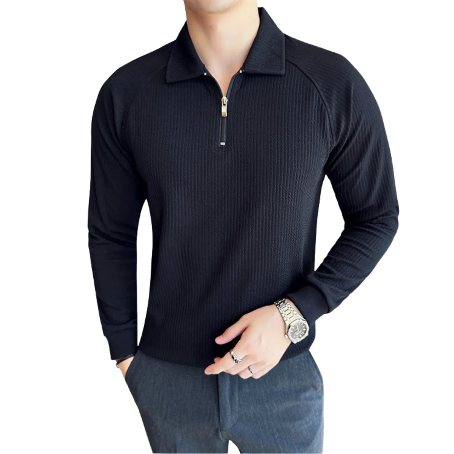 Model wearing Baltere's Men's Half-Zip Polo Shirt, showcasing its high-elastic seersucker texture and polo collar in black.