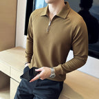 Men's Half-Zip Polo Shirt khaki,  showcasing its high-elastic seersucker texture and polo collar.