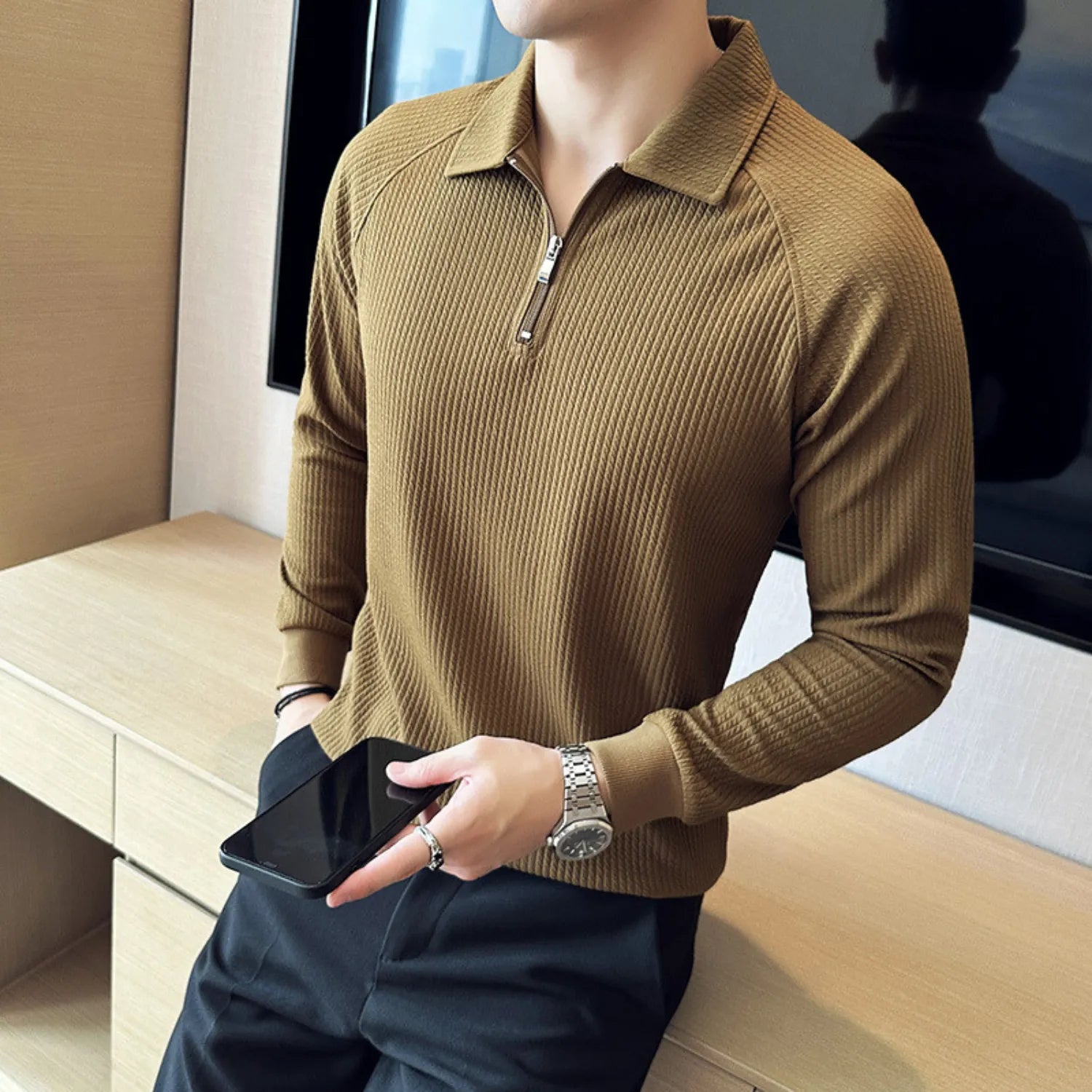 Men's Half-Zip Polo Shirt khaki,  showcasing its high-elastic seersucker texture and polo collar.