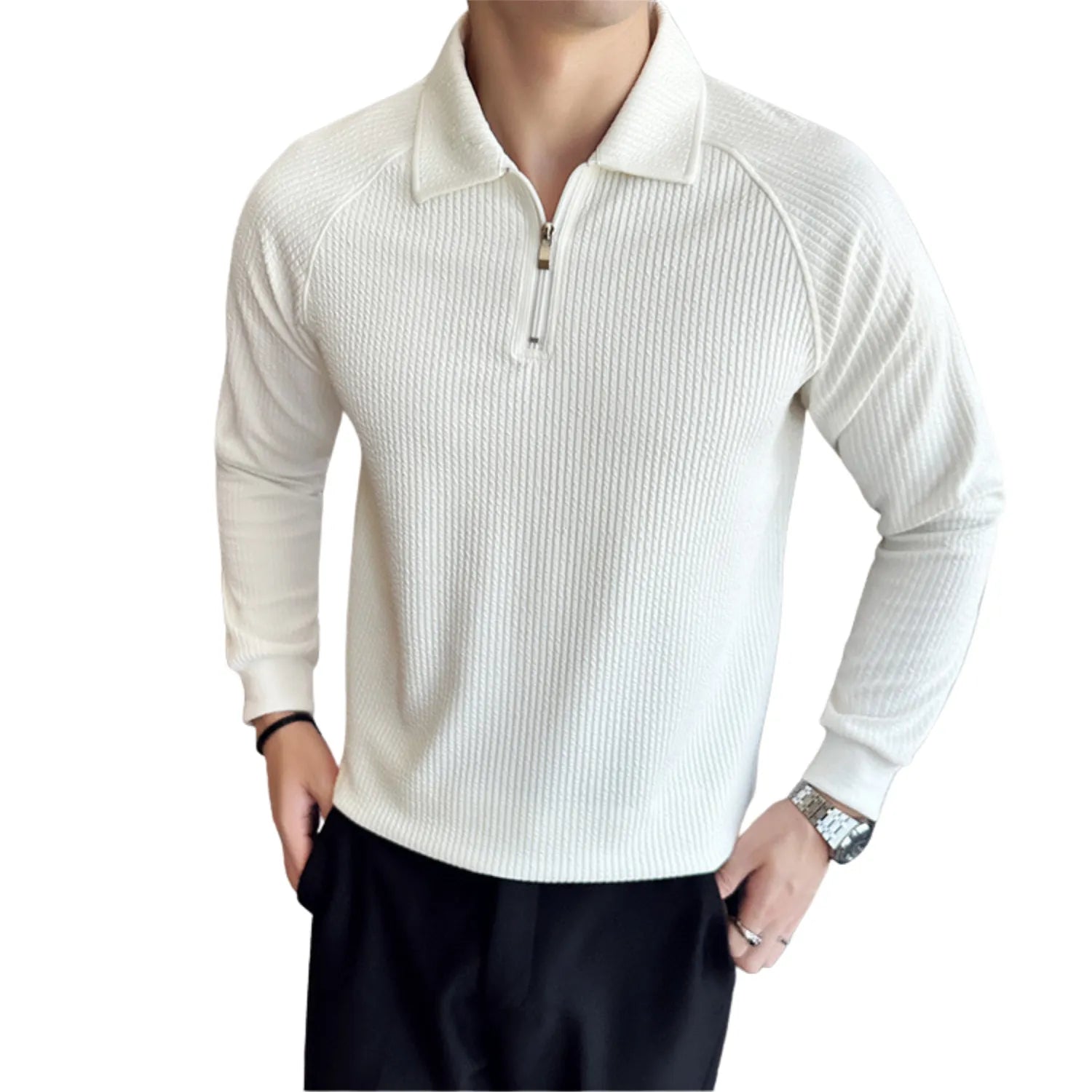 Baltere's Half-Zip Polo Shirt, highlighting the textured seersucker fabric and casual yet sophisticated style.