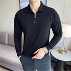 Model wearing Baltere's Men's Half-Zip Polo Shirt, showcasing its high-elastic seersucker texture and polo collar in black.