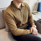 Model wearing Baltere's Half-Zip Polo Shirt, showcasing its unique textured fabric and a sophisticated fit.