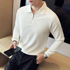 Model wearing Baltere's Half-Zip Polo Shirt, highlighting the textured seersucker fabric and casual yet sophisticated style in white.