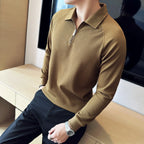 Model wearing Baltere's Men's Half-Zip Polo Shirt, showcasing its high-elastic seersucker texture and polo collar in khaki.