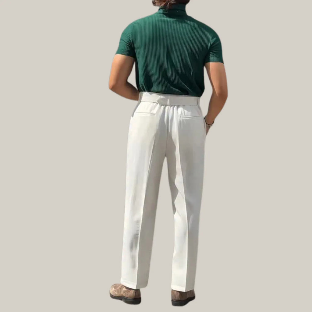 Men's High-Waisted Pleated Trousers, showcasing the sophisticated fit and classic waist details.