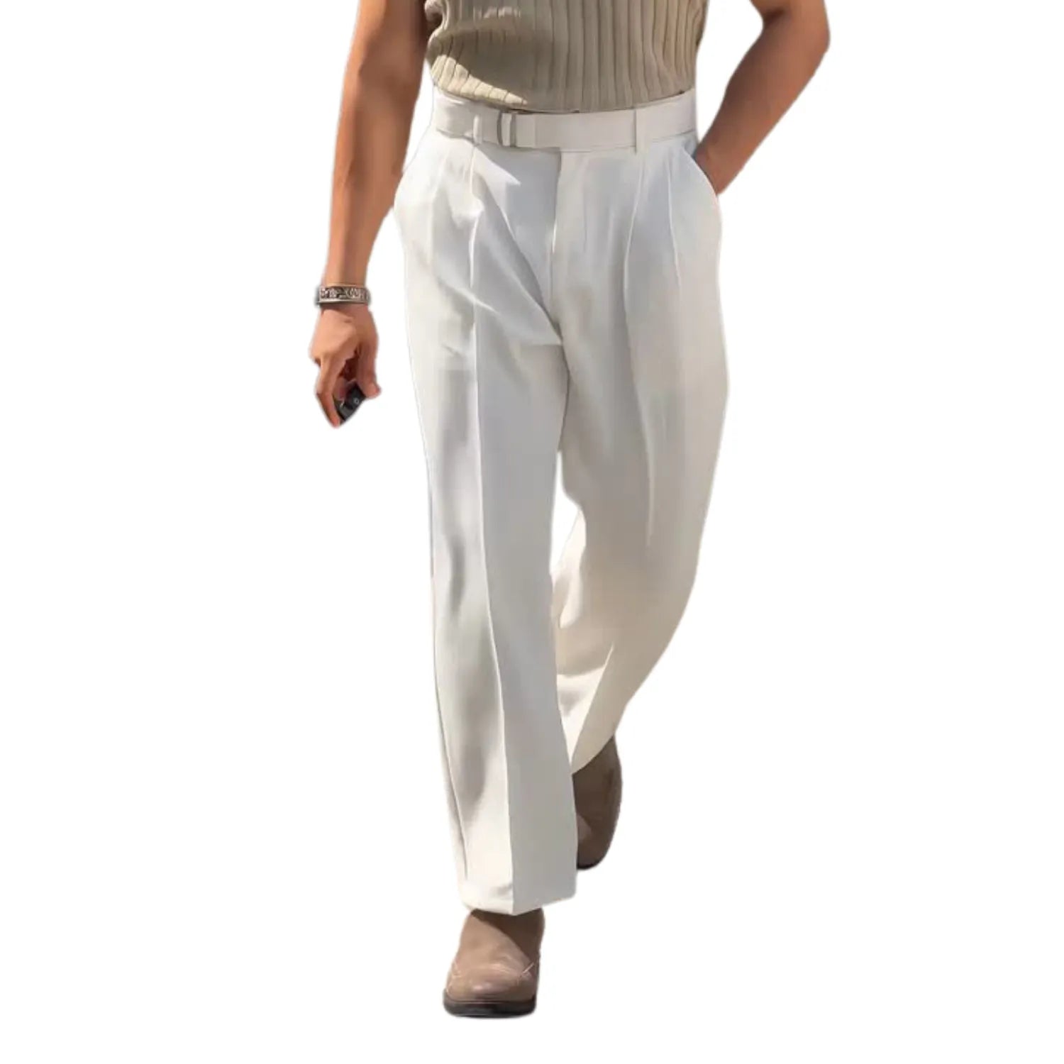 Baltere Men's High-Waisted Pleated Trousers white, highlighting the loose, flowing silhouette and classic pleat detail.