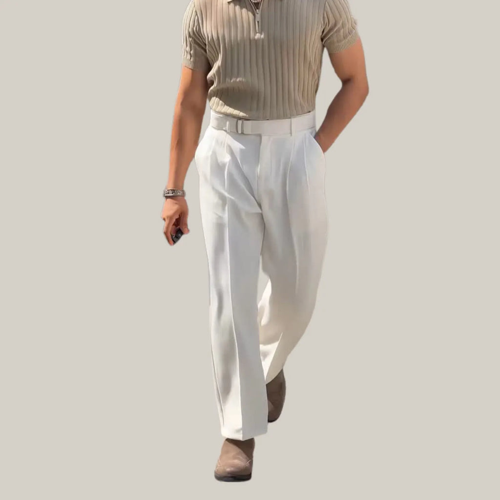 Baltere's Men's High-Waisted Pleated Trousers white, showcasing the elegant fit and classic front pleats.