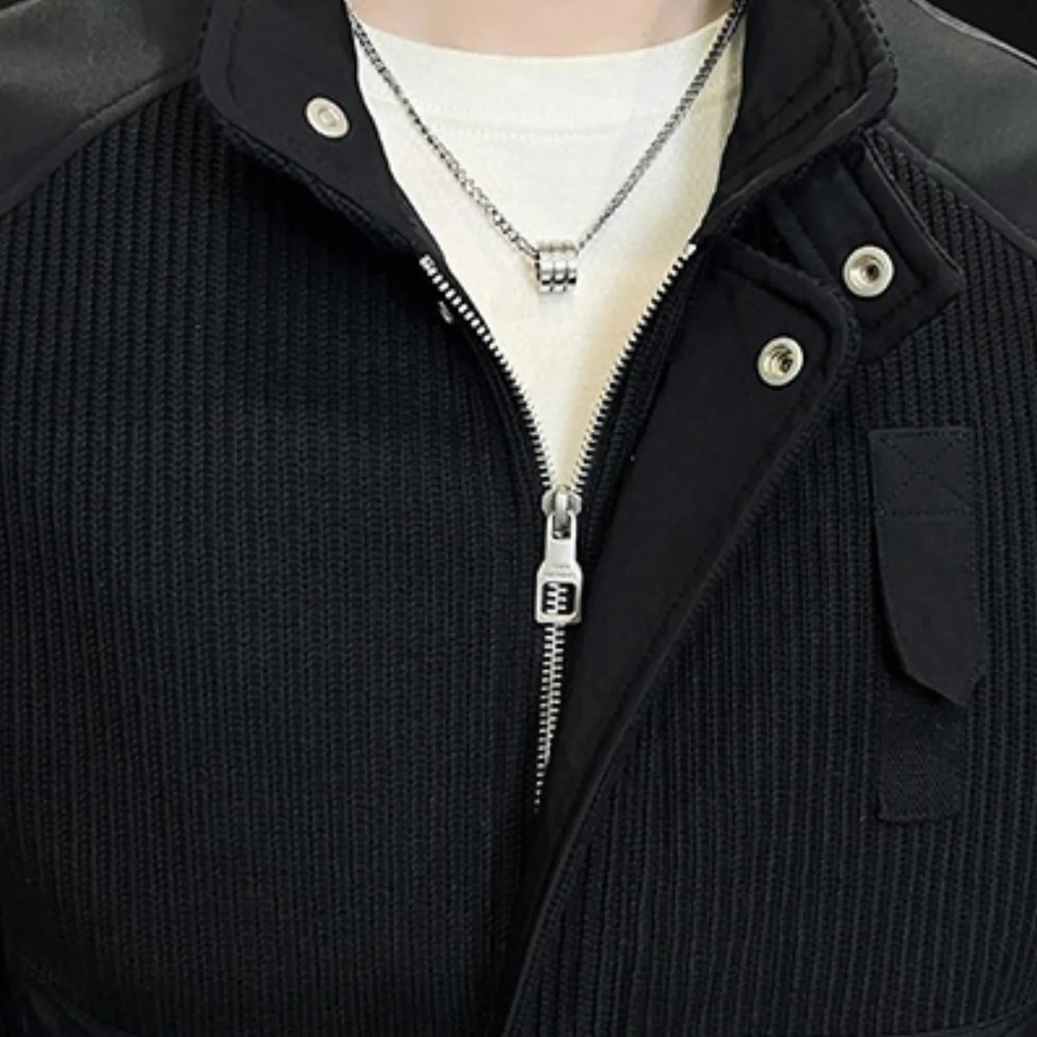 Baltere Men's Knitted Colour Block Coat, featuring a unique textured design, full-zip front, and ribbed cuffs in black.