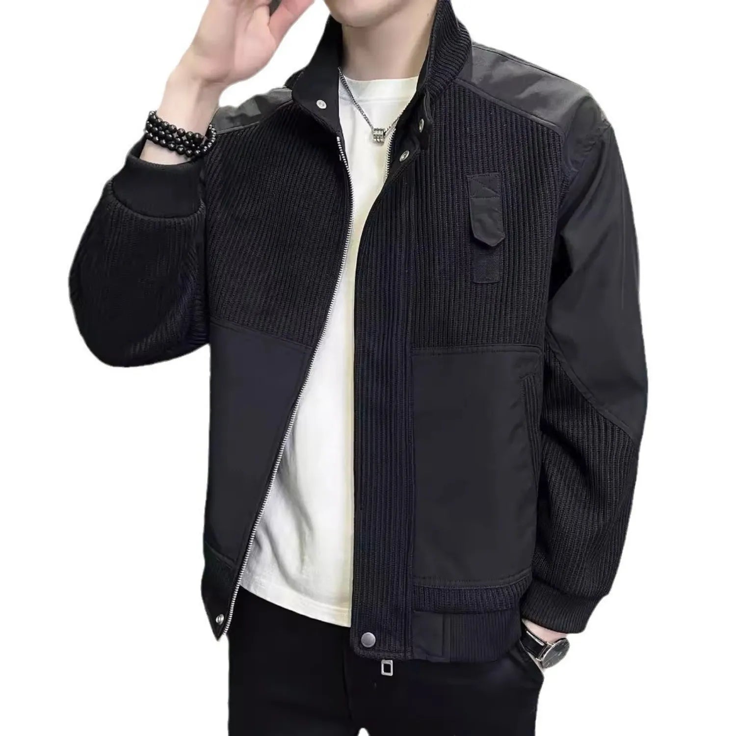 Baltere Men's Knitted Colour Block Coat, featuring a unique textured design, full-zip front, and ribbed cuffs.