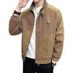 Men's Knitted Colour Block Coat, featuring a unique textured design, full-zip front, and ribbed cuffs in khaki.