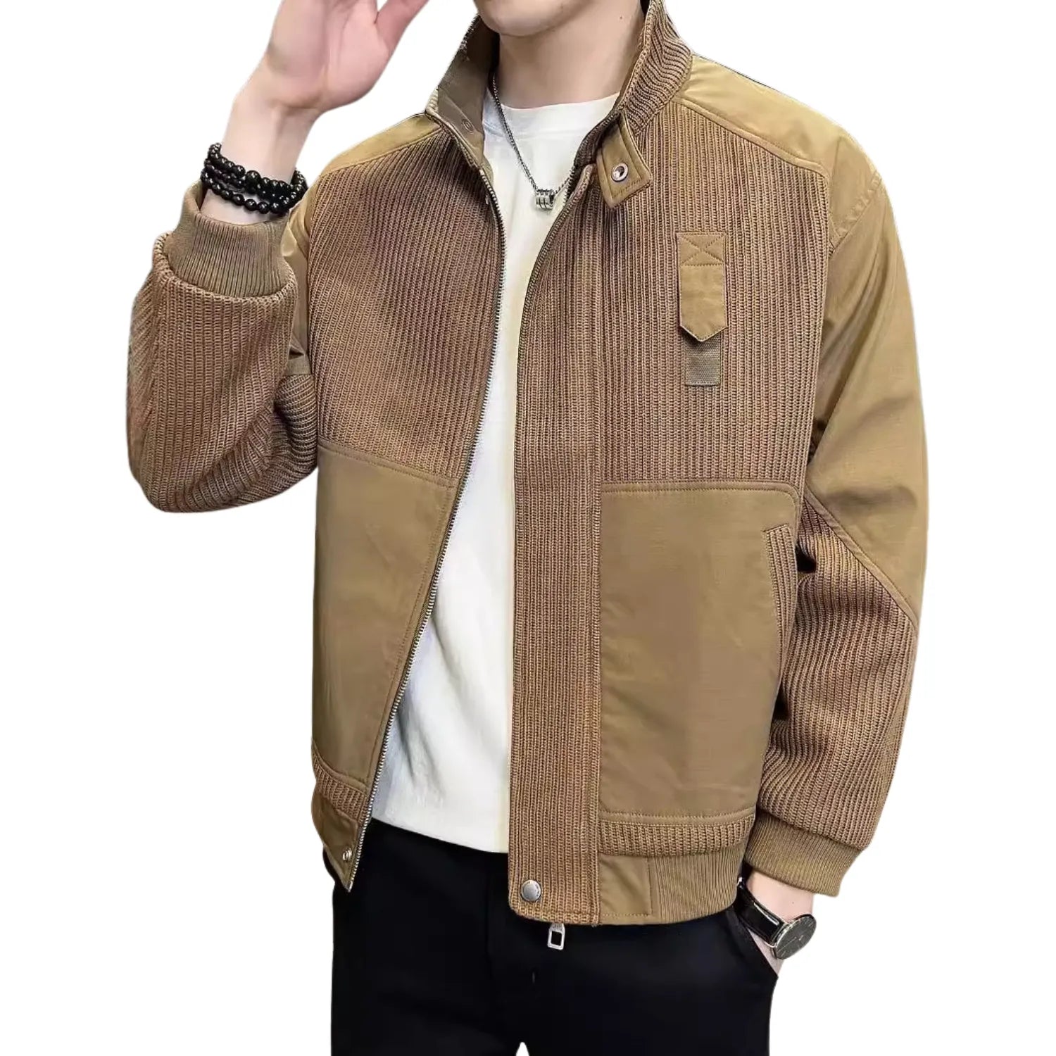 Men's Knitted Colour Block Coat, featuring a unique textured design, full-zip front, and ribbed cuffs in khaki.
