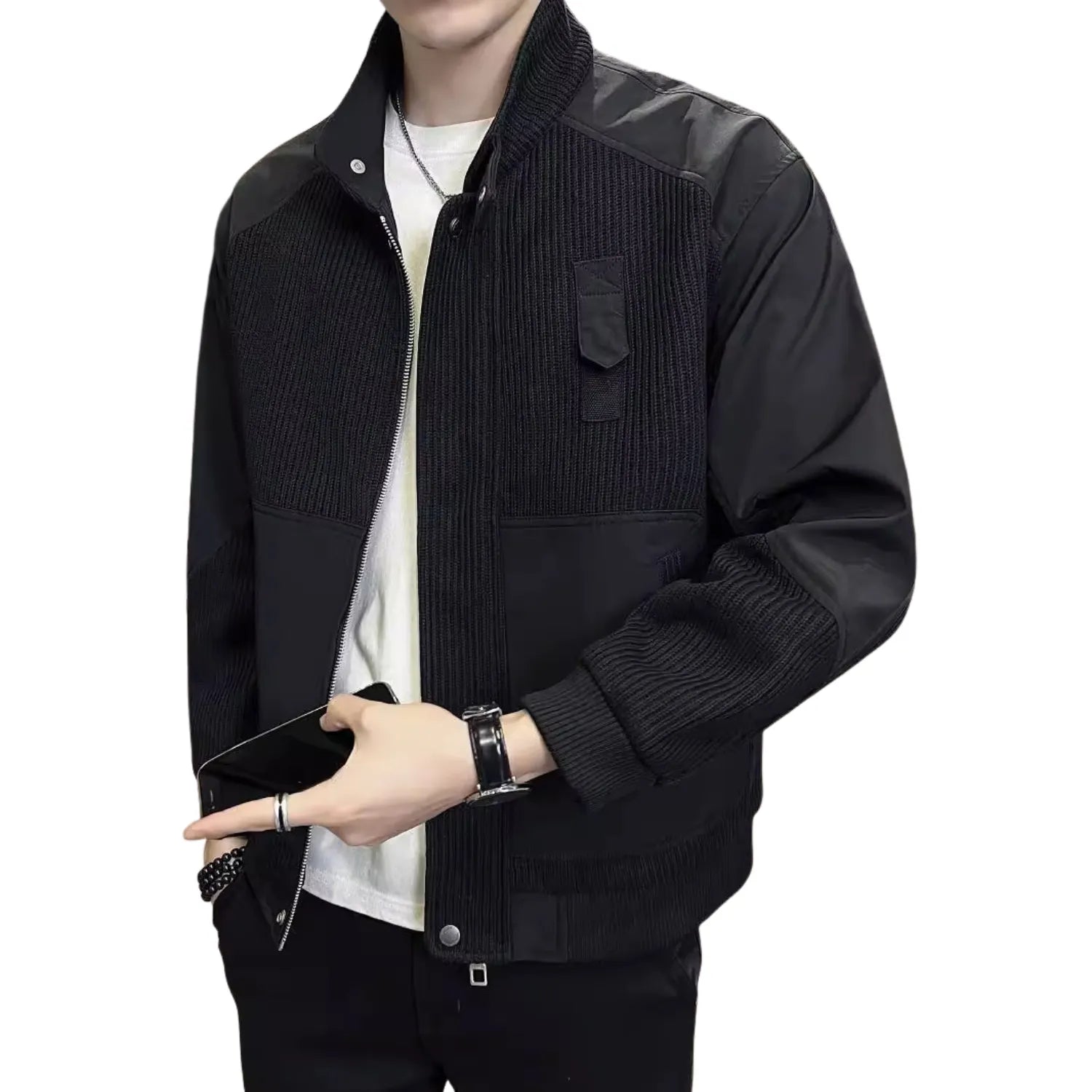 Men's Knitted Colour Block Coat, featuring a unique textured design, full-zip front, and ribbed cuffs in black.