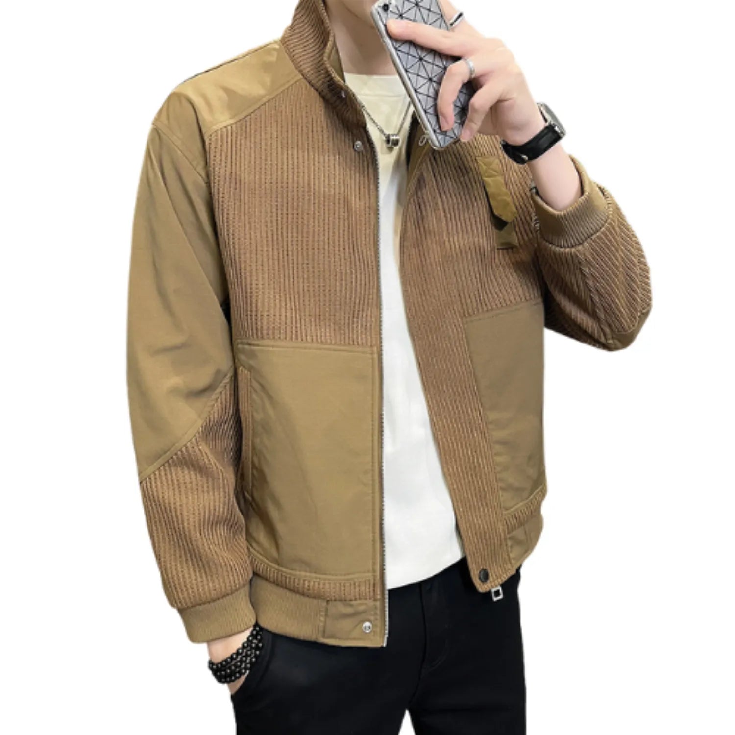 Baltere Men's Knitted Colour Block Coat, featuring a unique textured design, full-zip front, and ribbed cuffs in khaki.