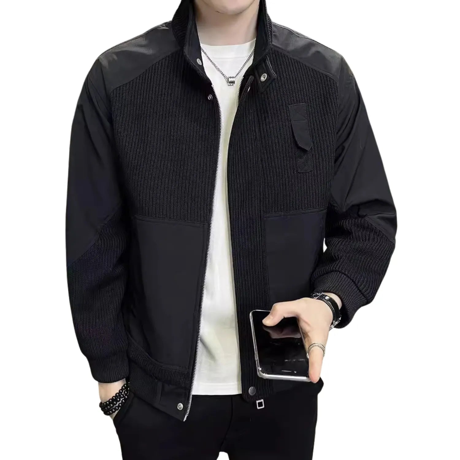 Baltere Men's Knitted Colour Block Coat, featuring a unique textured design, and ribbed cuffs.