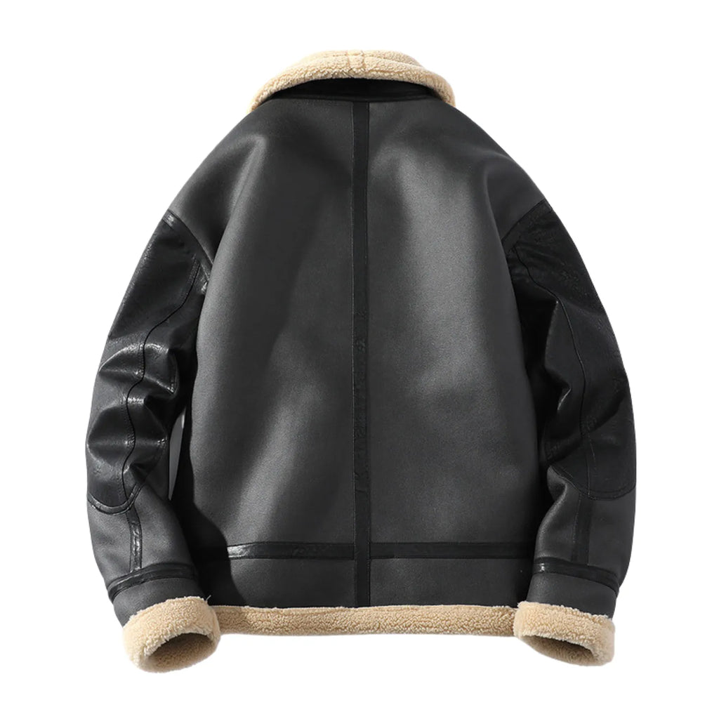 Back view of the men's retro fleece-lined jacket, highlighting its warm collar, tailored seams, and cozy lining.