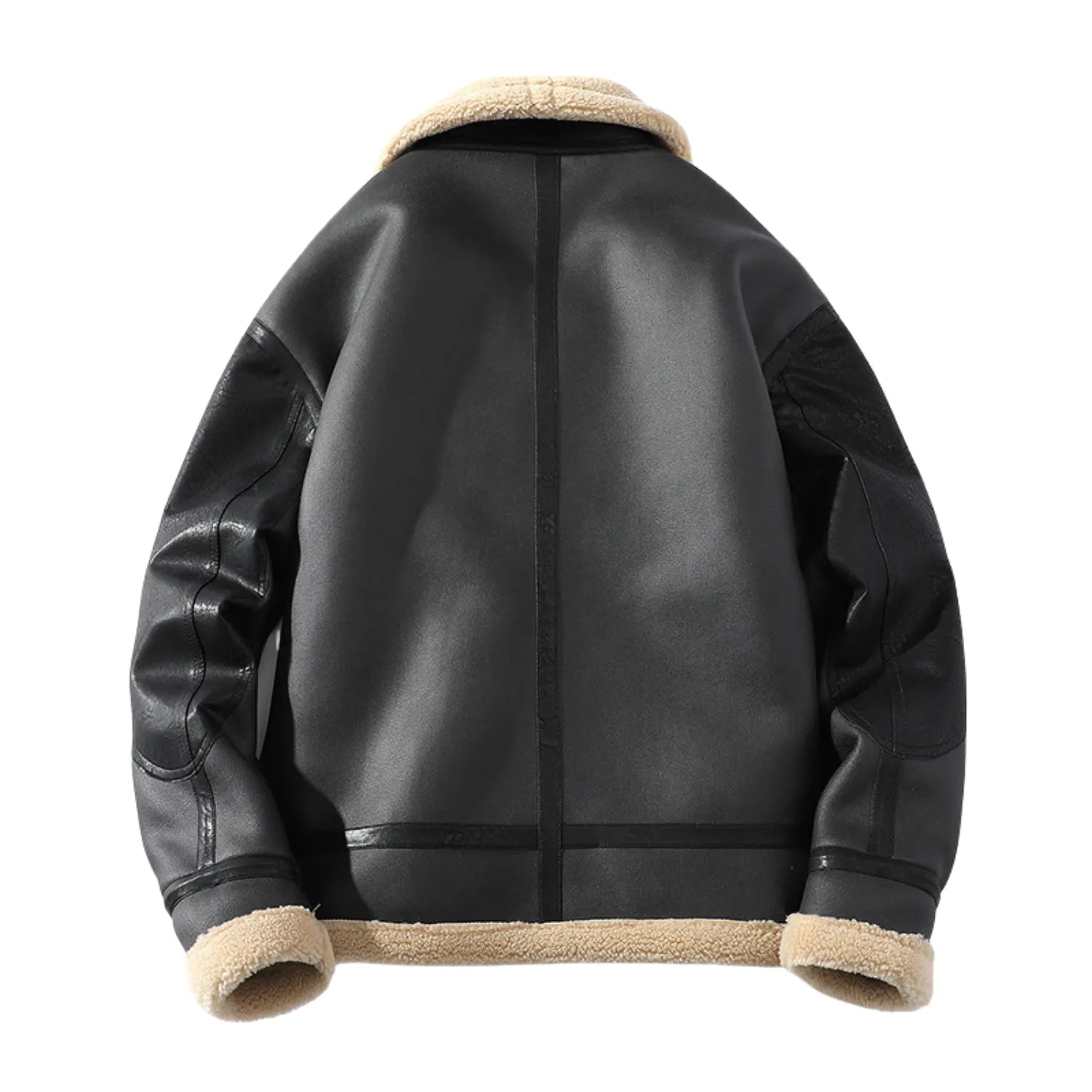 Back view of the men's retro fleece-lined jacket, highlighting its warm collar, tailored seams, and cozy lining.