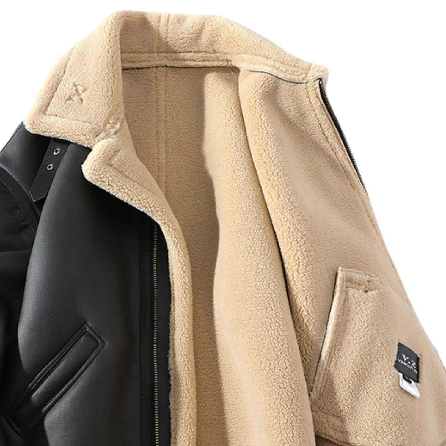 Close-up of the jacket's collar, highlighting the warm sherpa lining and adjustable buckle detail.