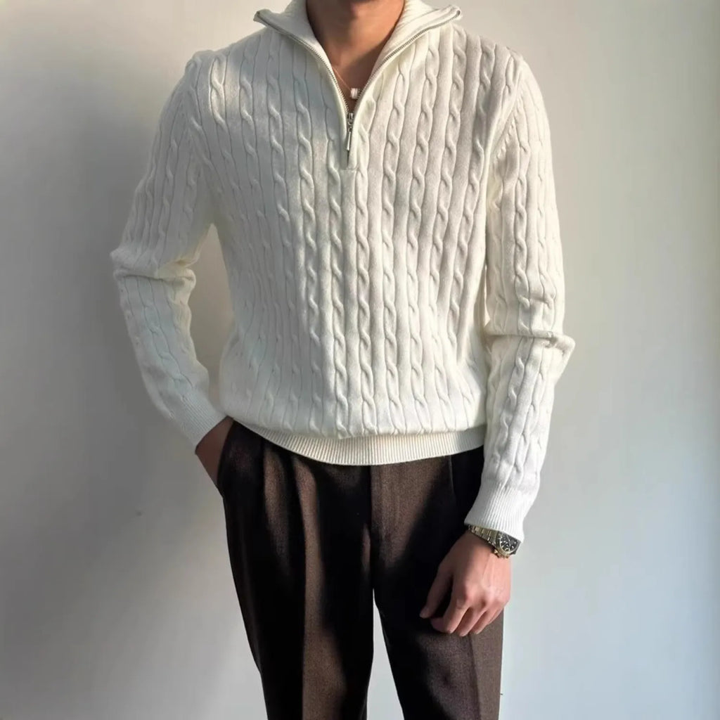 Model wearing Baltere's Men's Retro Pullover Sweater, showcasing its loose fit, knit texture, in white.