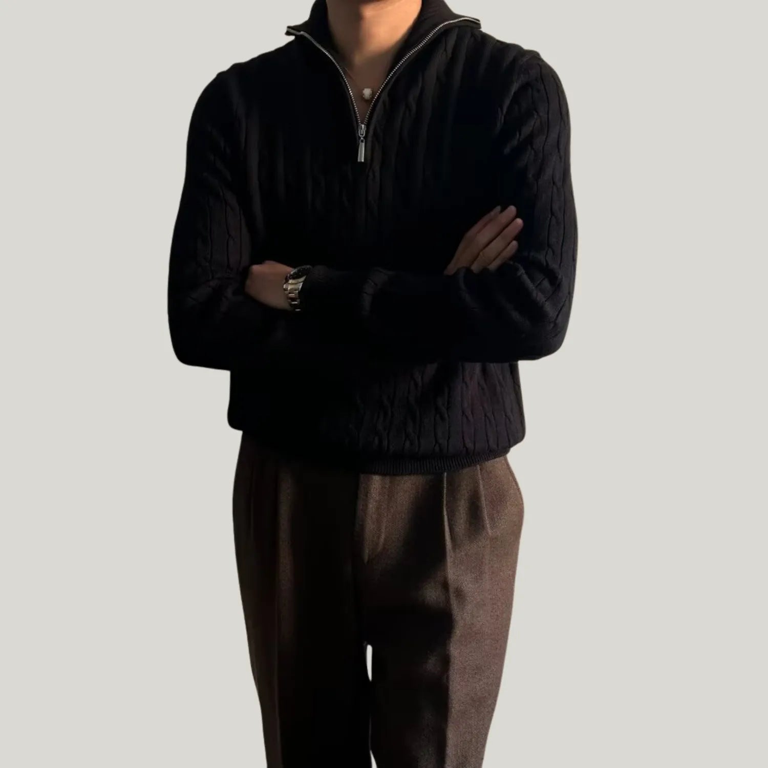 Model wearing Baltere's Men's Retro Pullover Sweater black, showcasing its loose fit, knit texture, and comfortable style.